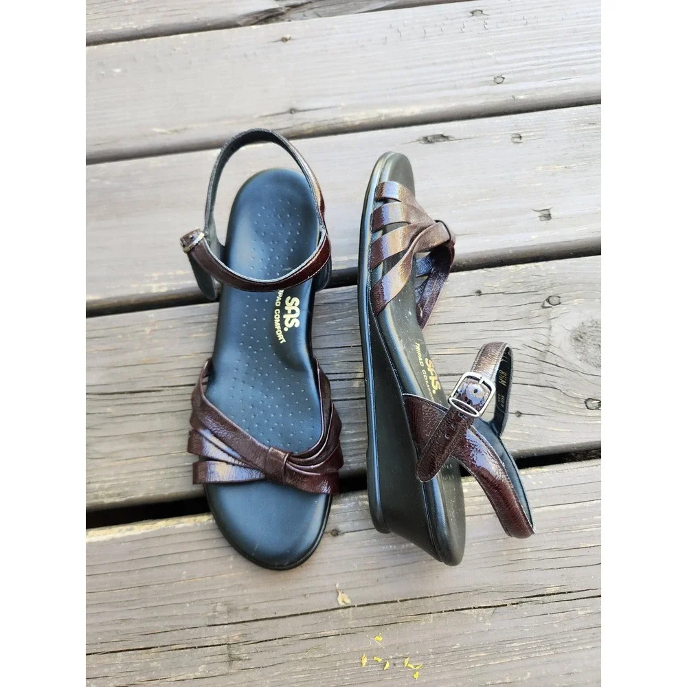 SAS Strippy Sandals Wine Leather Wedge Tripad Comfort Made in USA 8.5M